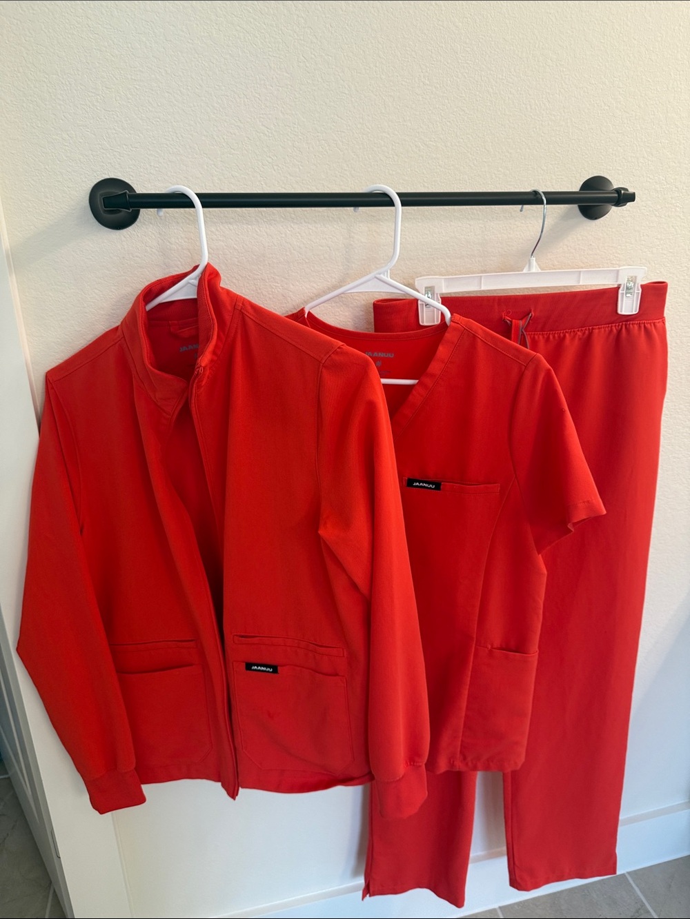 Red Women's Three-Piece scrub Set - Professional Knit Jacket, Top & Pants